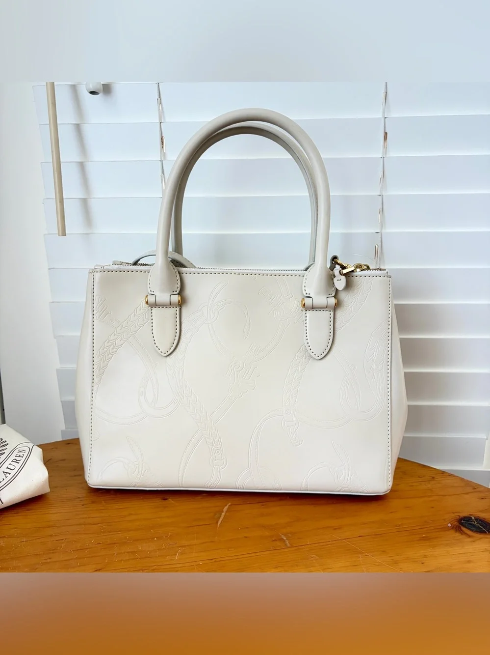 Lauren Ralph Lauren Taylor Belting Double Zip Ivory Embossed Leather Satchel NWT